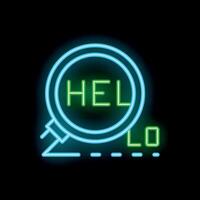Neon magnifying glass focusing on help text on dark background vector