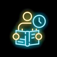 Person reading book with time clock neon sign icon vector