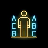 Neon icon of person standing between columns of letters representing testing and education vector