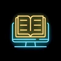 Neon icon of open book displaying on computer monitor screen vector