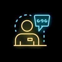 Neon icon of person talking, communication and discussion with speech bubble vector