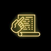 Neon sign of hand pointing at paper scroll with text vector