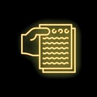 Hand holding document with text neon sign on black background vector