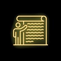 Teacher pointing at scroll neon sign on black background vector