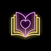Open book with heart shape neon sign on black background vector
