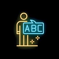 Neon sign of a person holding speech bubble with abc text for language learning and education vector