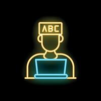 Student learning alphabet on laptop neon sign icon on black background vector