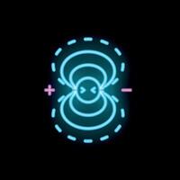 Neon style icon of magnetic field with plus and minus poles glowing on black background vector