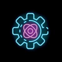 Neon icon of atom inside gear representing nuclear engineering vector