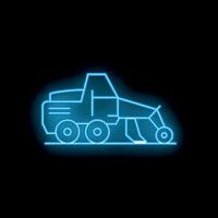Blue neon icon of a combine harvester working on a field vector