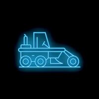 Blue neon style icon of a snow removal vehicle working on a black background vector