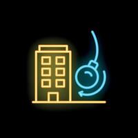 Wrecking ball swinging towards building neon sign vector