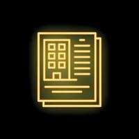 Neon icon of building permit glowing yellow on black background vector