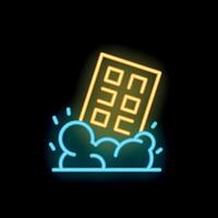Neon glowing building crumbling after earthquake disaster vector