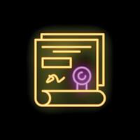 Neon sign of certificate document with stamp and signature glowing vector