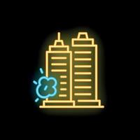 Neon style icon representing explosion near buildings on black background vector