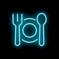 Blue neon sign showing fork spoon and plate on black background vector