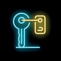 Neon icon of key unlocking smartphone representing mobile security vector