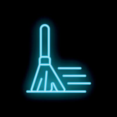 Neon broom sweeping away dust with motion lines