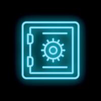 Glowing neon safe deposit box icon on a black background representing security and protection vector