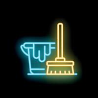 Neon icon representing a cleaning service with a bucket and a broom vector