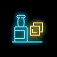 Neon icon of bottle and two square objects on black background vector