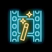 Neon sign representing editing movie with magic wand on black background vector