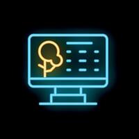 Neon icon of computer displaying weather forecast with tree and temperature data vector