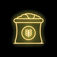 Yellow neon icon of a bag of flour or grain on black background vector