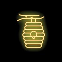 Neon sign of beehive hanging from tree branch glowing yellow vector
