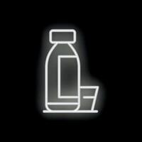 Neon medicine bottle with open pill box glowing on black background vector