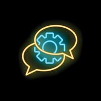 Neon icon of two speech bubbles with gears representing technical support vector