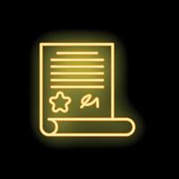Neon yellow diploma scroll icon glowing on black background vector