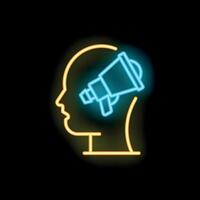 Neon icon of human head with megaphone inside symbolizing marketing idea vector