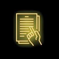 Hand pointing at document neon sign on black background vector