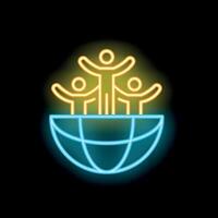 Neon icon of people standing on top of the world celebrating success vector