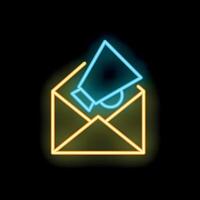 Neon icon of megaphone emerging from open envelope representing email marketing vector