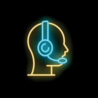 Neon icon of customer service operator wearing headset on black background vector
