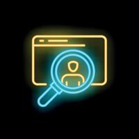 Magnifying glass searching for candidate profile on internet website neon sign icon vector