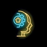 Neon icon of three human heads sharing a gear mechanism symbolizing teamwork vector