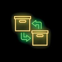 Neon sign representing boxes exchanging with green arrows vector