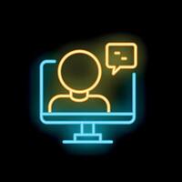 Neon icon of person conferencing on computer with speech bubble vector
