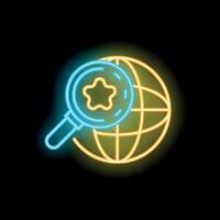 Neon icon of magnifying glass showing a star representing global recruitment vector