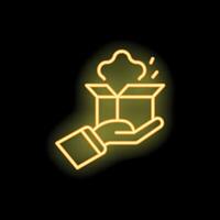 Hand holding open box with neon light effect vector