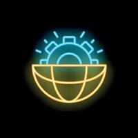 Neon icon of gear shining over half globe for global business solutions vector