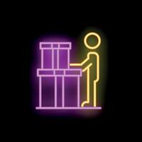 Warehouse worker checking inventory next to pile of boxes neon sign vector