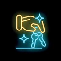 Neon sign of a hand picking up a set of shining keys vector