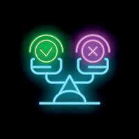 Neon scales balancing checkmark and cross symbolising decision making vector