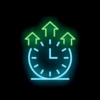 Neon clock showing time increasing concept with arrows up vector