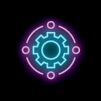 Neon sign representing distributed network with central gear surrounded by nodes vector